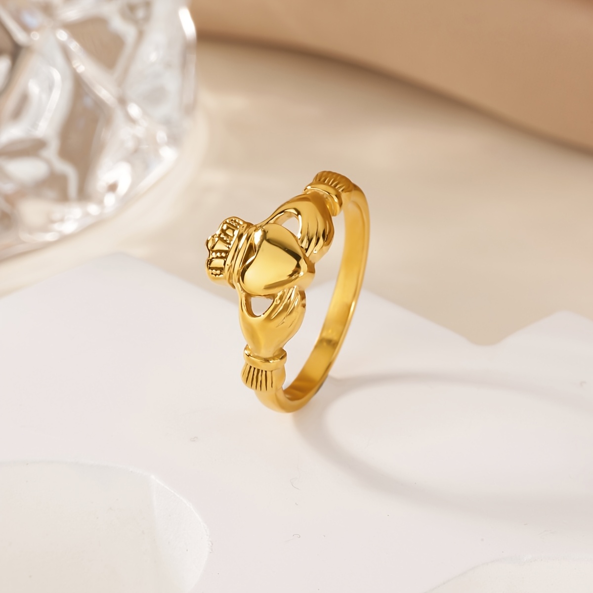 Cute Golden Stainless Steel Heart-Shaped Crown Ring